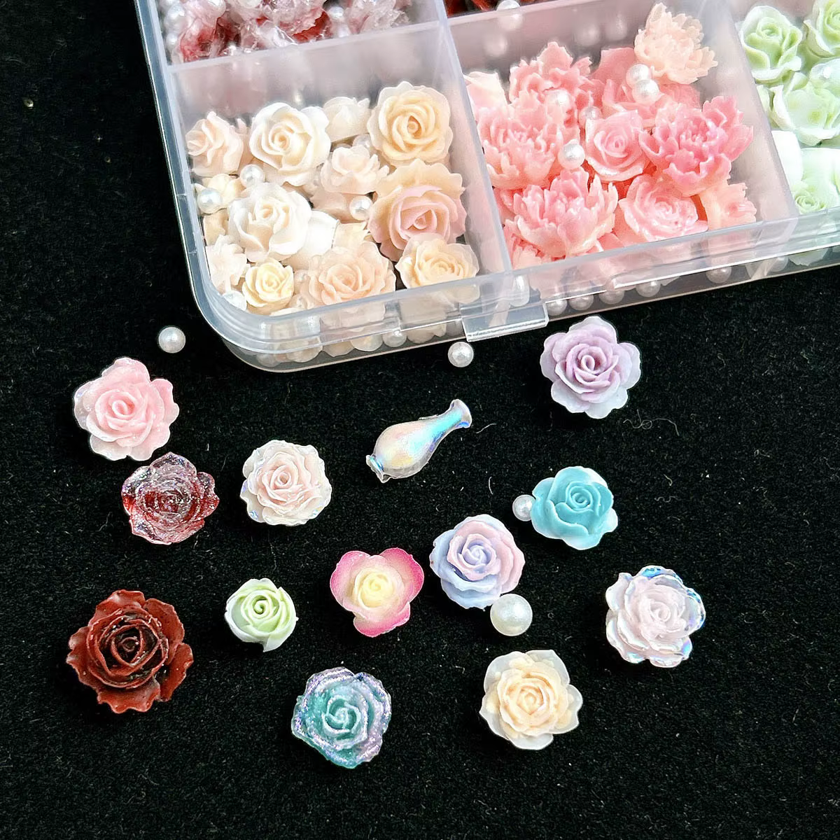Breloques pour ongles en résine mixte 3D, 12 grilles, fleur de Rose, strass à dos plat, bricolage, d