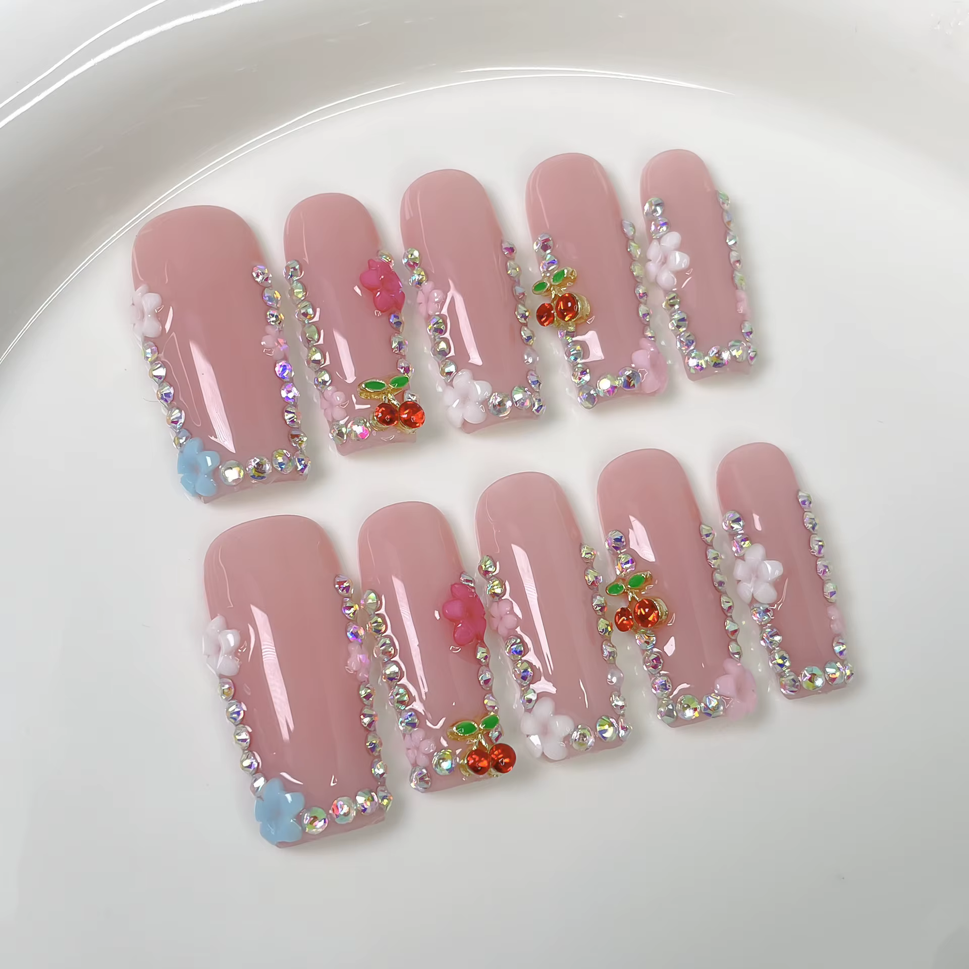 Faux ongles français en acrylique, motifs de fleurs roses douces, cercueil fait à la main, presse su