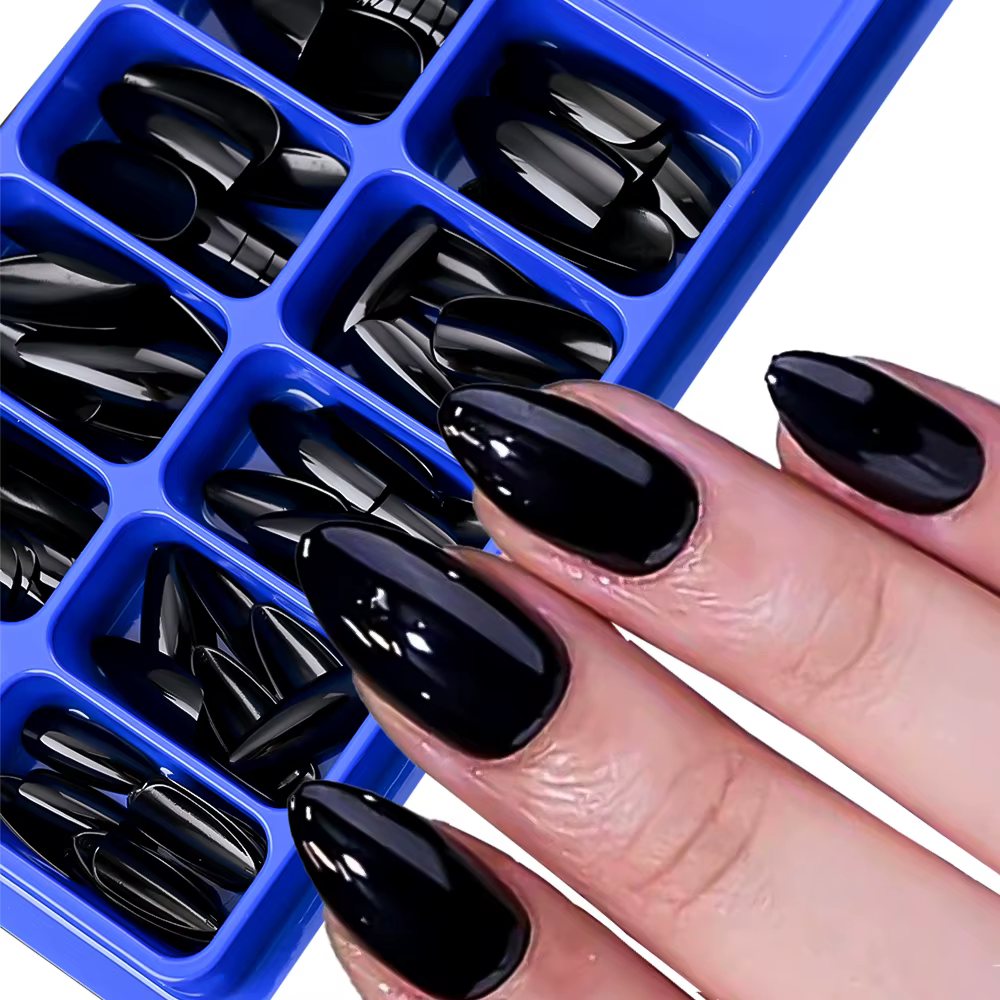 100 faux ongles noirs en acrylique, forme amande, à presser, réutilisables, style français, couvranc