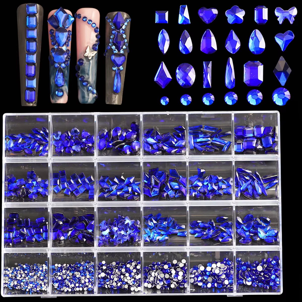 1 boîte de kits de diamants pour ongles 3D multi-formes-24 grilles de pierres précieuses en cristal