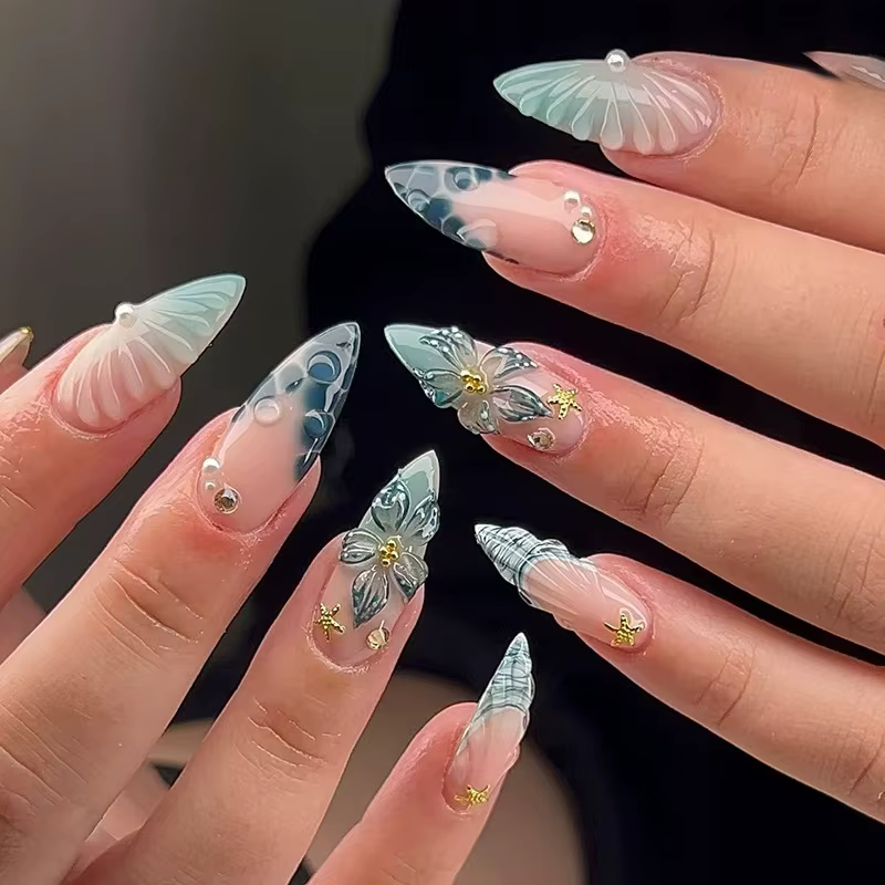 24 pièces fleur rose amande presse sur ongles Kawaii faux ongles portable ongles à coller faux ongle