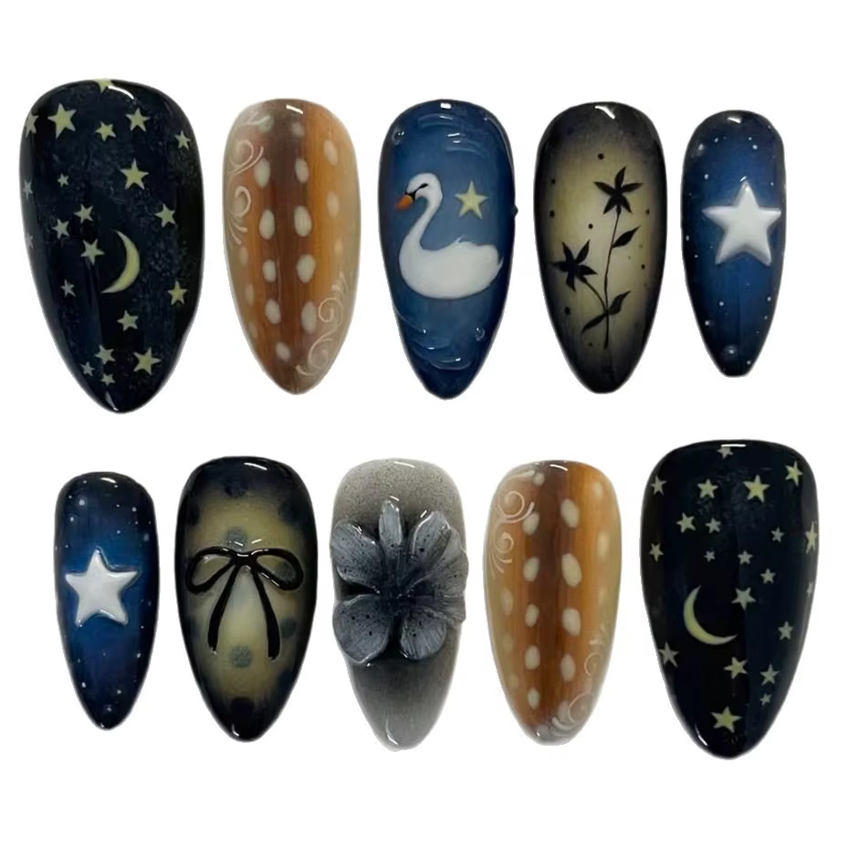 Faux ongles noirs dégradés, 24 pièces, motif étoile jaune, lune, cygne, à pression, nœuds papillon d