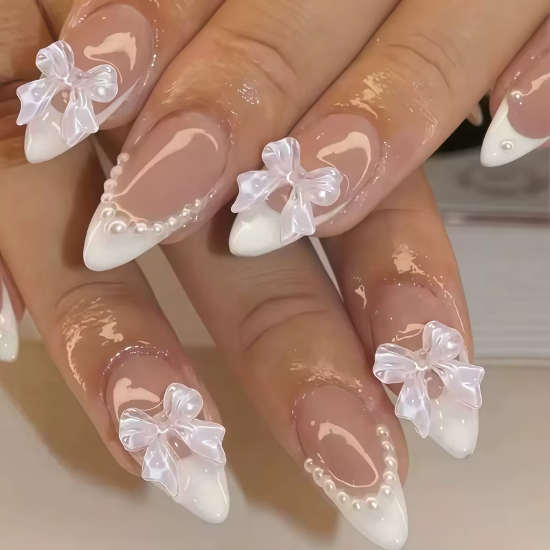 24 faux ongles en forme d'amande, style français, avec décorations en forme de nœud, ensemble comple
