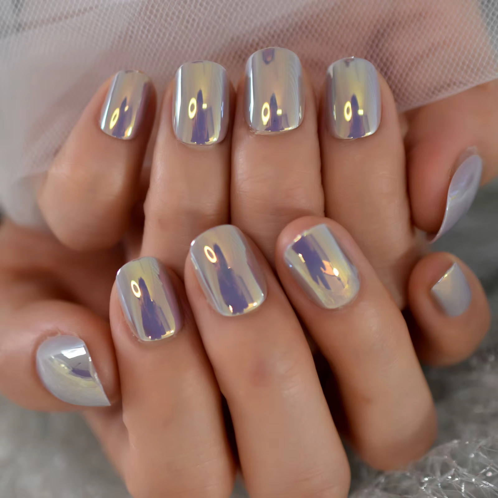 Ongles fantaisie courts et ronds à pression, forme naturelle, solide, violet pur, Chrome, pointes ho