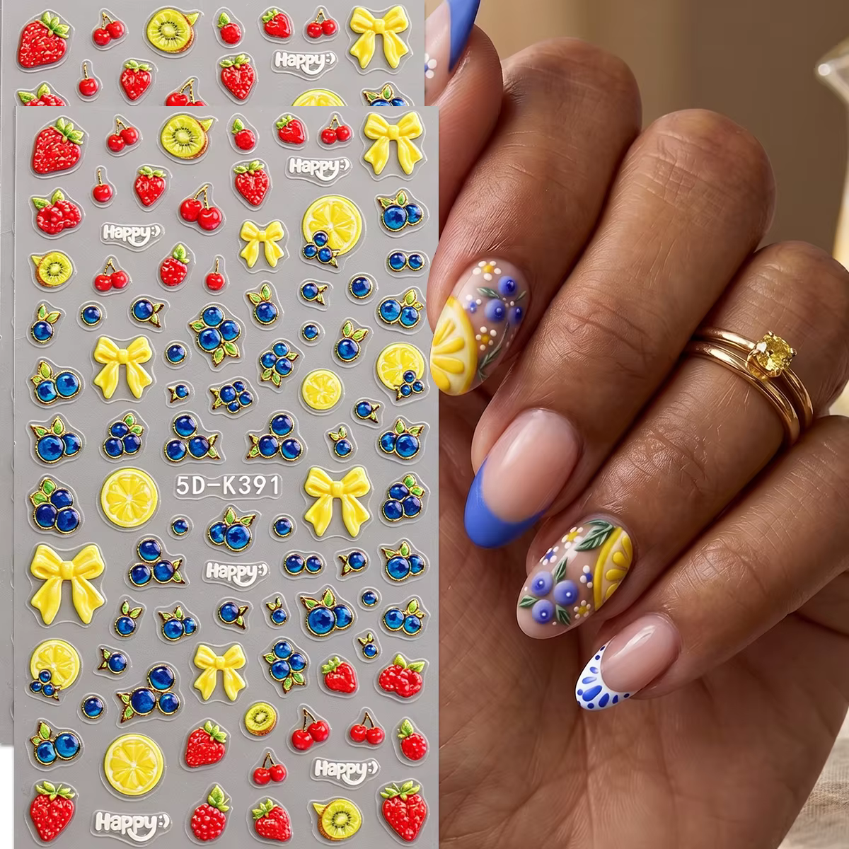 Autocollants 5D pour ongles style méditerranéen, fleurs de porcelaine jaunes et bleues d'été, fourni