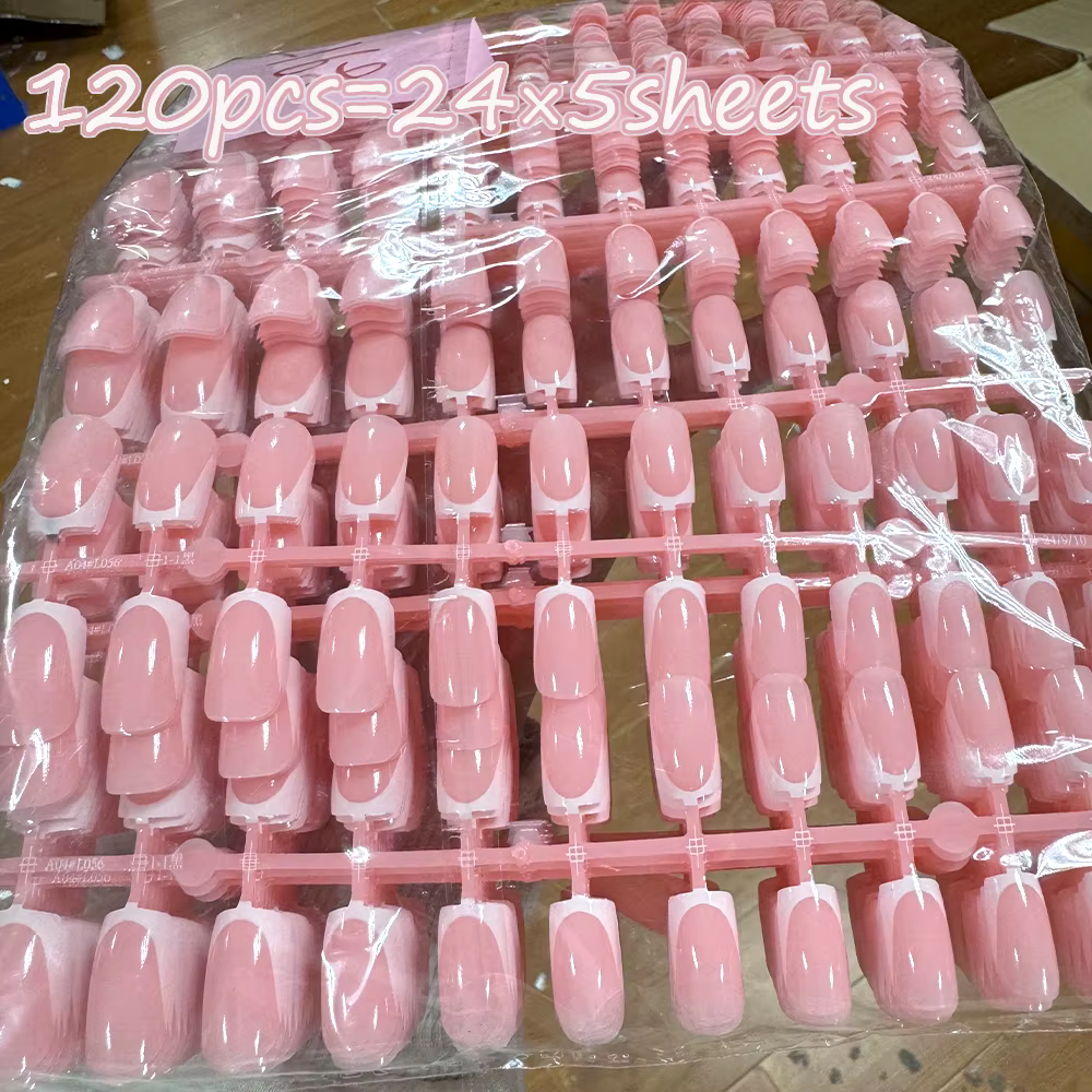 120 pièces = 24*5 français court carré cercueil faux ongles blanc rose Simple portable faux ongles b