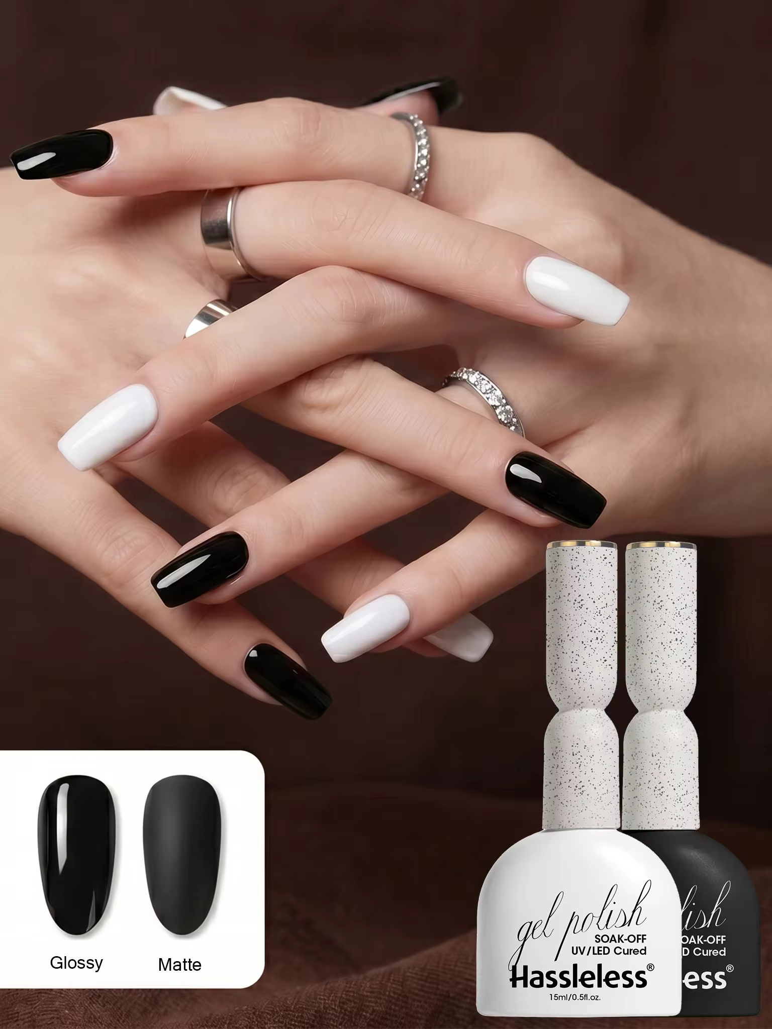 Gel à ongles noir et blanc uni sans tracas 15 ml, durcissement UV/LED, effet brillant/mat double, ge