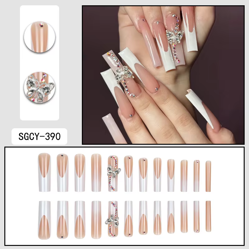 24 pièces de faux ongles Ultra longs en forme de cercueil, à pression, motif français, dégradé et fl