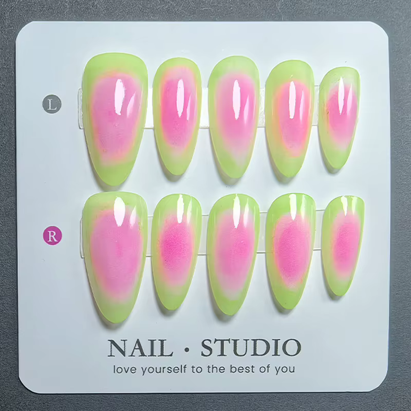 10 faux ongles en amande faits à la main, dégradé rose guava, en acrylique, brillants, pour manucure