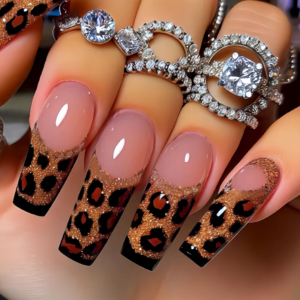 Faux ongles mi-longs pour femmes et filles Y2K, imprimé léopard dégradé coloré, pointes de cercueil