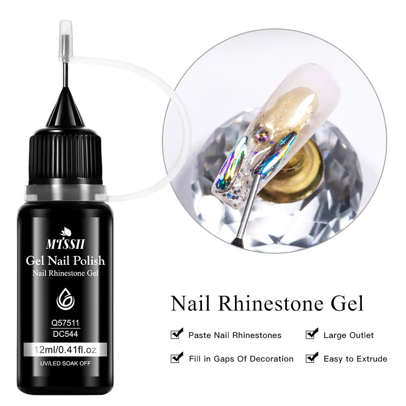Gel à strass pour ongles 12 ml - Sans alcool, sans résidu, application de précision, tenue forte, fi