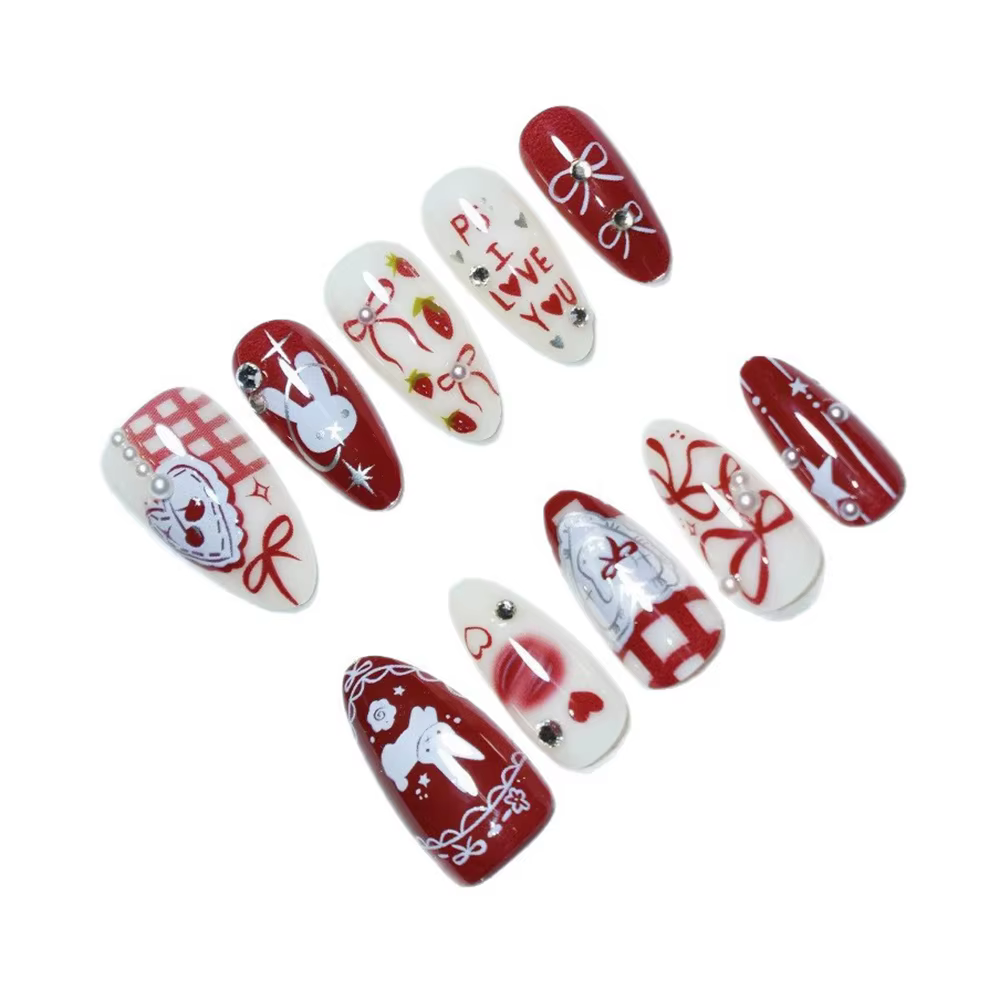 30 pièces papillon dessin animé lapin presse sur ongles moyen amande faux vin rouge amande strass pe