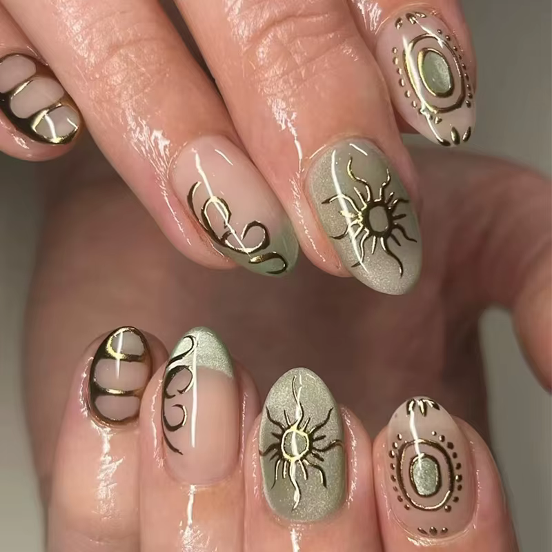 Faux Ongles au Design Baroque localité en Forme de Coquille d'Océan, Dégradé Orange, en Amande Franç