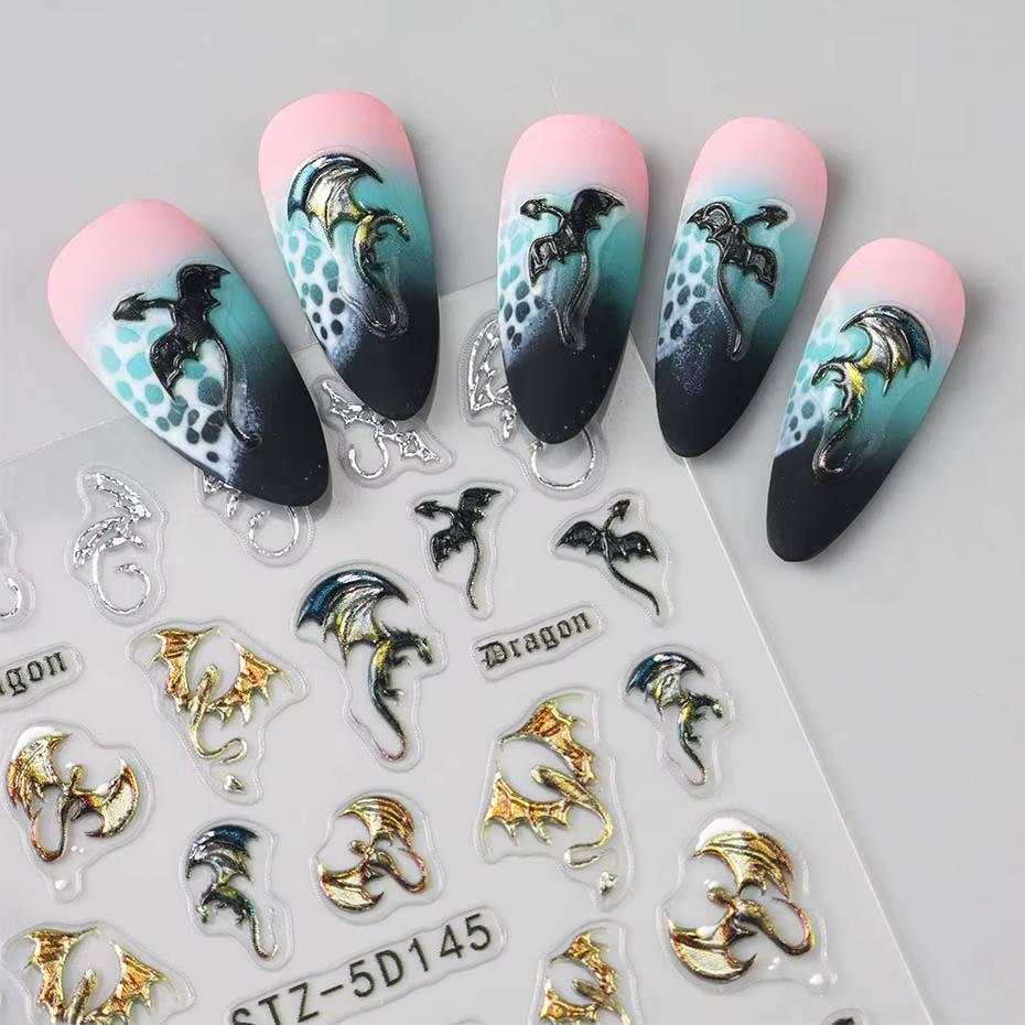 1/2 pièces 5D en relief métallique coloré Dragon ongles autocollants flocons de neige auto-adhésif b