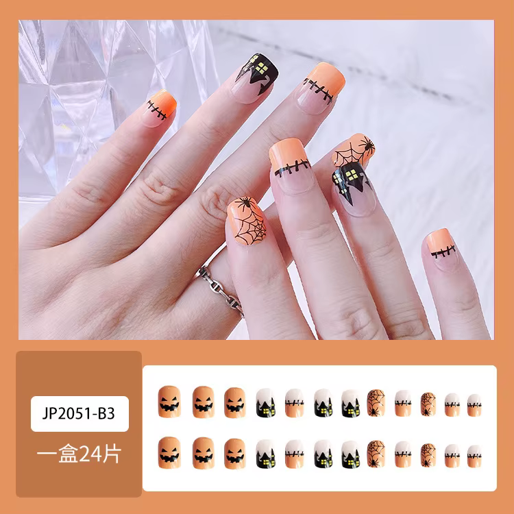 Ensemble de 24 pièces de faux ongles à pression en amande, Design de fantôme noir d'halloween, motif