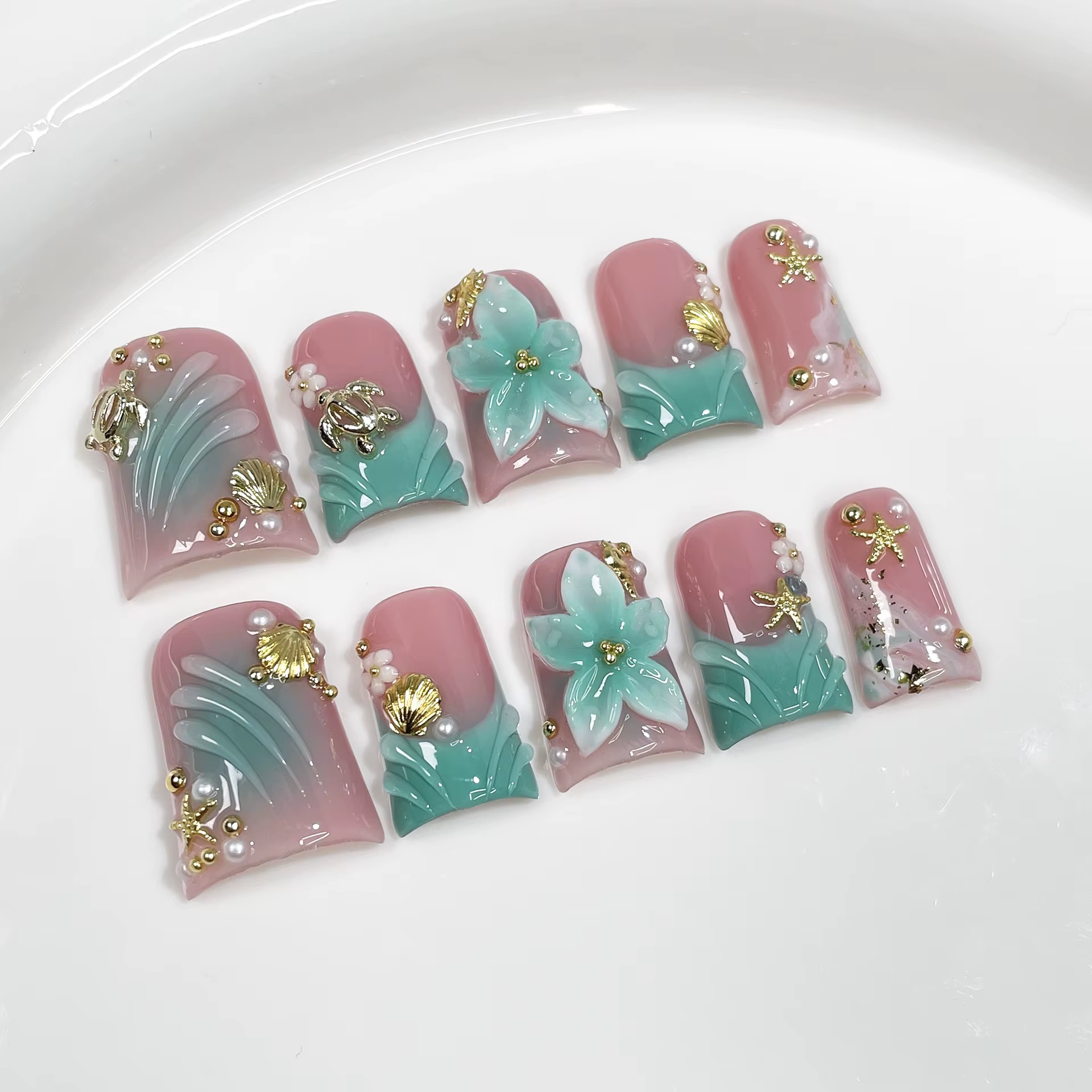 10 pièces doux doux presse sur ongles français canard Bill forme faux ongles 3D sculpture fleur stra