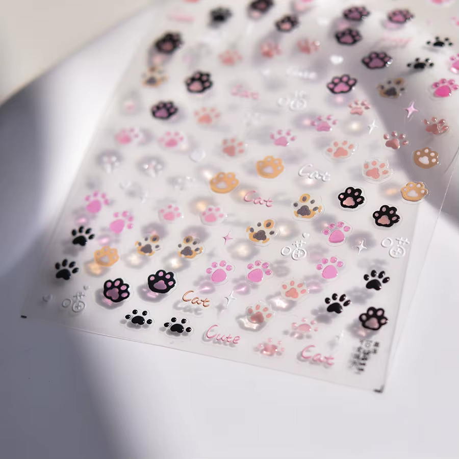 Autocollants pour ongles chat mignon gelée rose patte de chat dessin animé 5D en relief auto-adhésif