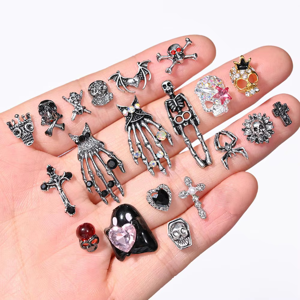 10 pièces brillant diamant métal crâne ongles breloques 3D Halloween décorations d'ongles gothique P