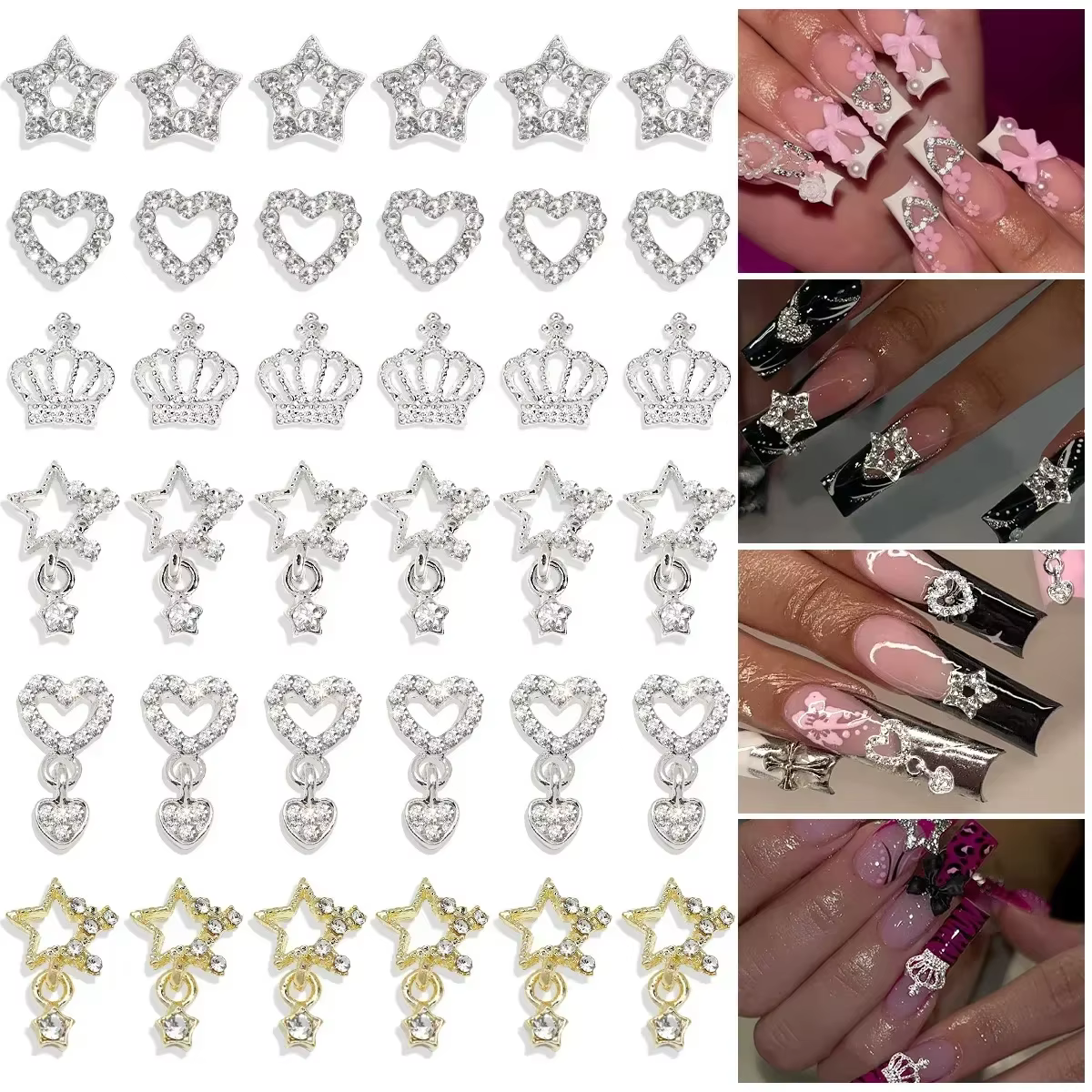 Couronne de cœur exquise 3D, strass à cinq branches, breloques pour ongles, bijoux de luxe en or/arg