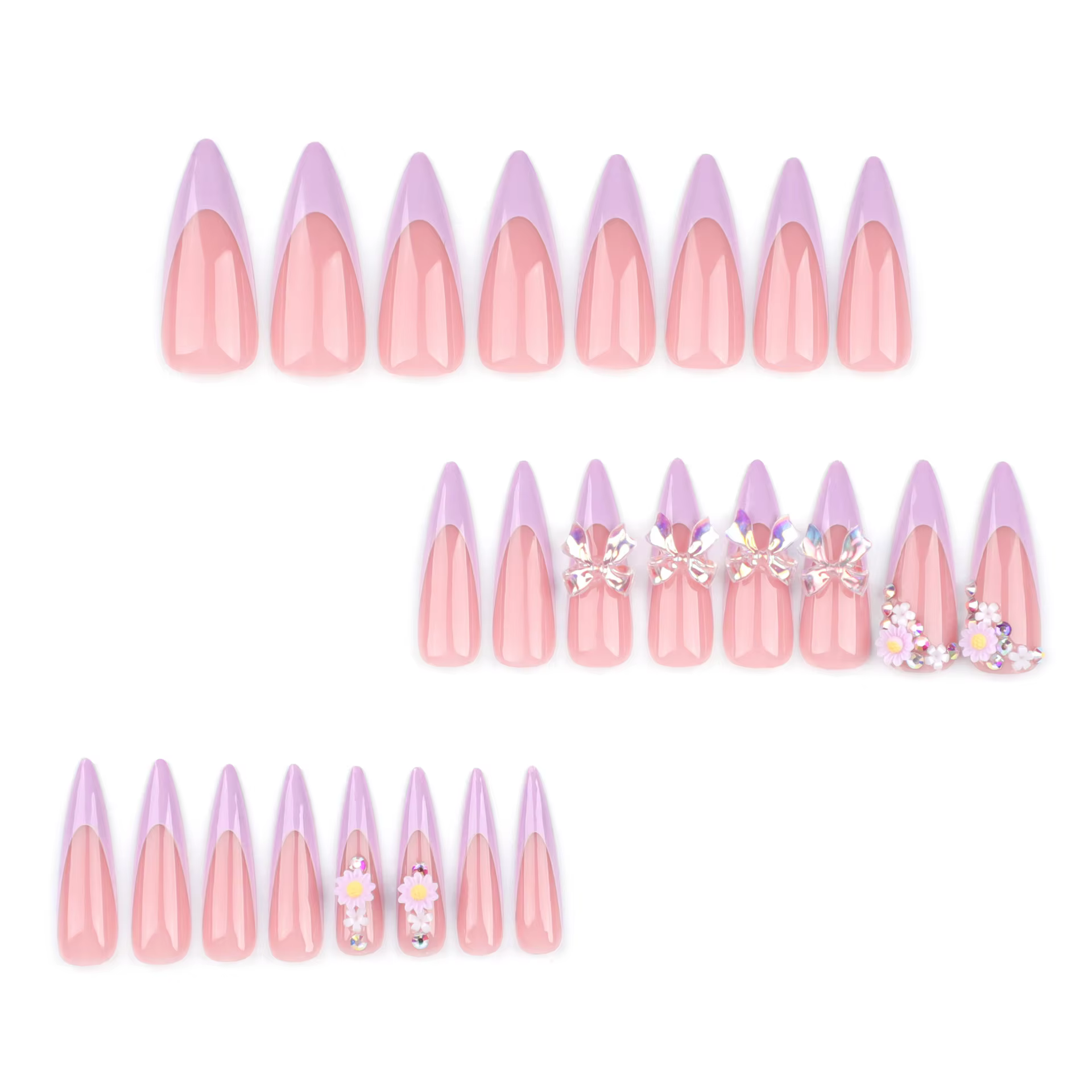 Faux ongles français à pression aiguille rose cerise, longs, avec nœud 3D, Design de perles, pointes