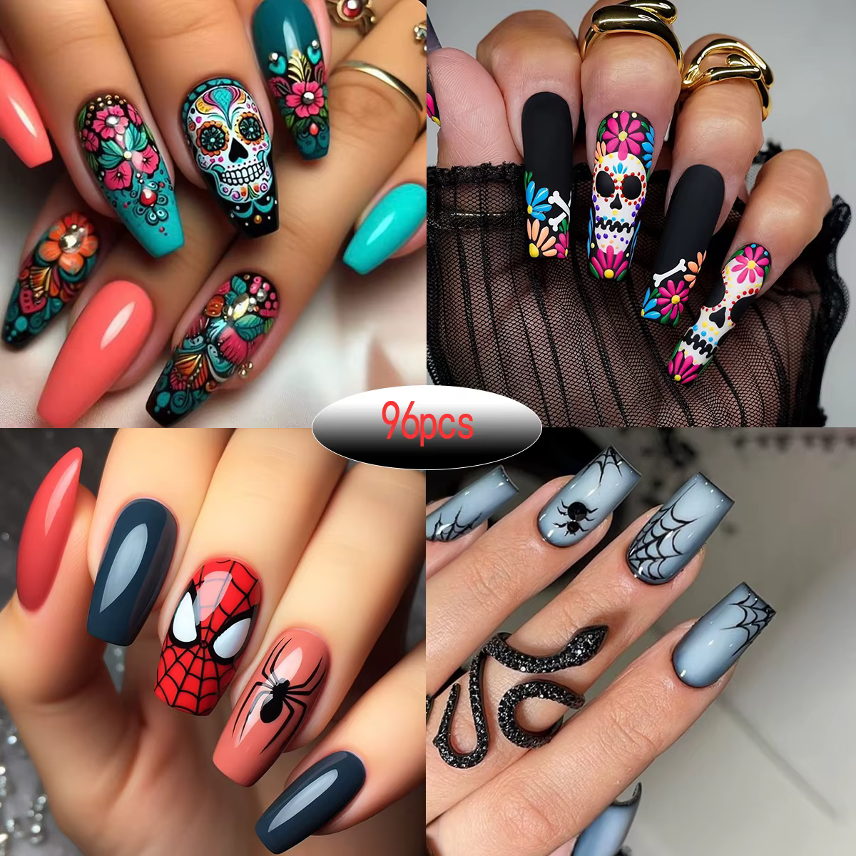 4 ensembles de faux ongles carrés mi-longs, 96/24 pièces, avec des dessins comprenant des araignées,