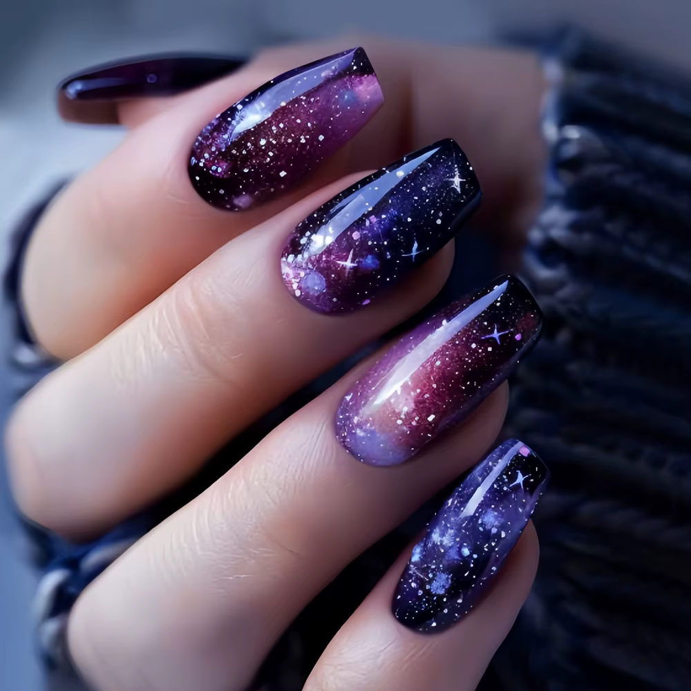 Faux ongles mi-longs pour femmes et filles, dégradé rouge violet bleu étoile étoilée ciel nocturne, 