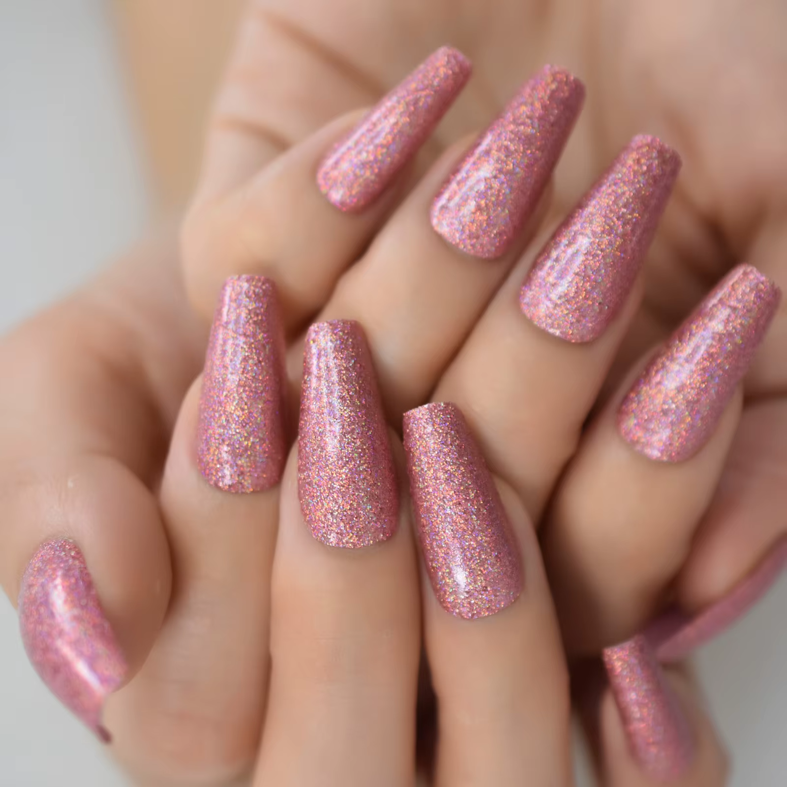 Faux ongles longs en forme de ballerine, paillettes scintillantes, couverture complète, rose, N64.N6
