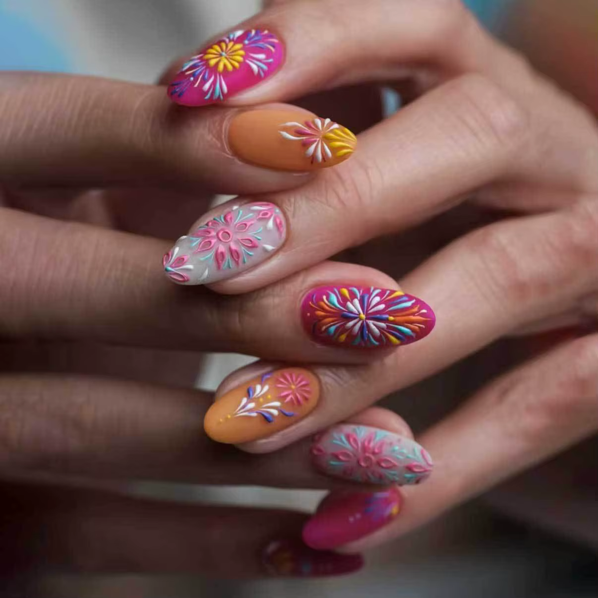 24 faux ongles en amande mi-longs avec motif à carreaux coloré, à presser, effet Dopamine, couvrance