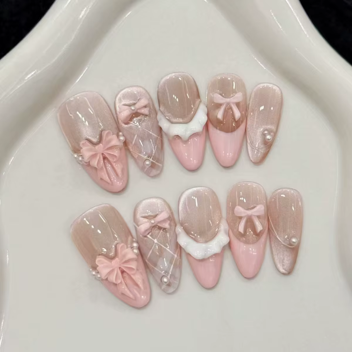 24 faux ongles en amande avec nœud et perles, design mignon pour filles, ongles à presser roses, fau