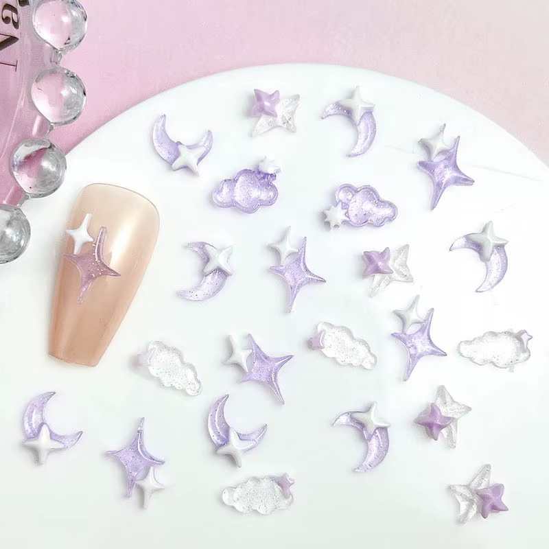 Breloques en résine transparente pour Nail Art, lune, nuage, blanc, violet, étoile à quatre branches