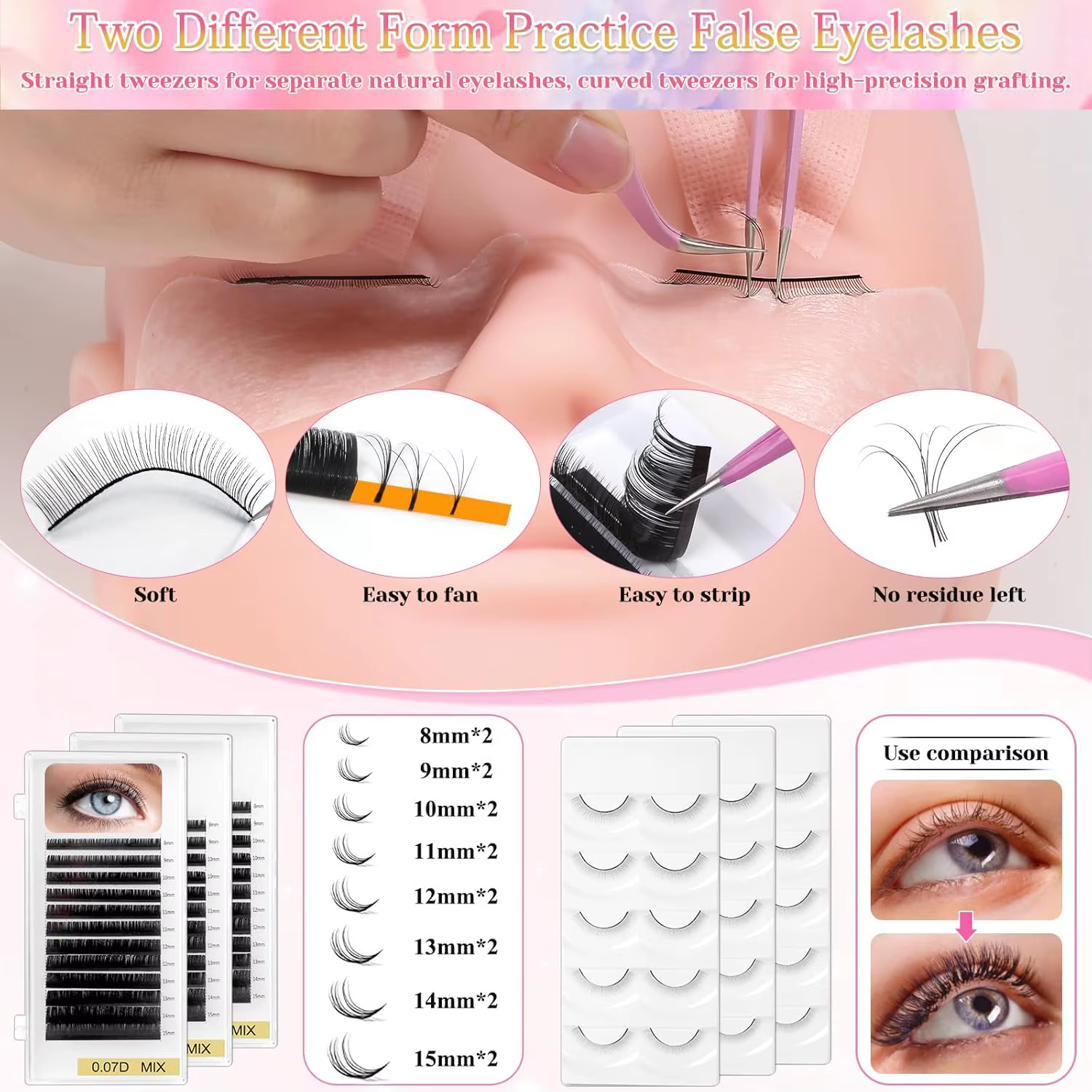 Kit de pratique d'extension de cils 470 pièces pour débutants, comprend tête de mannequin, colle, sh