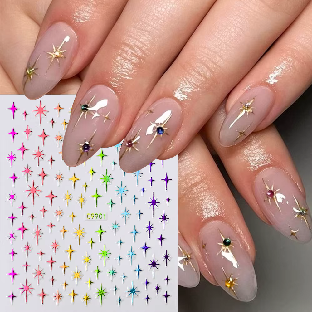 Autocollants pour ongles étoiles Laser 3D, 6 couleurs, miroir métallique doré argenté, décalcomanies