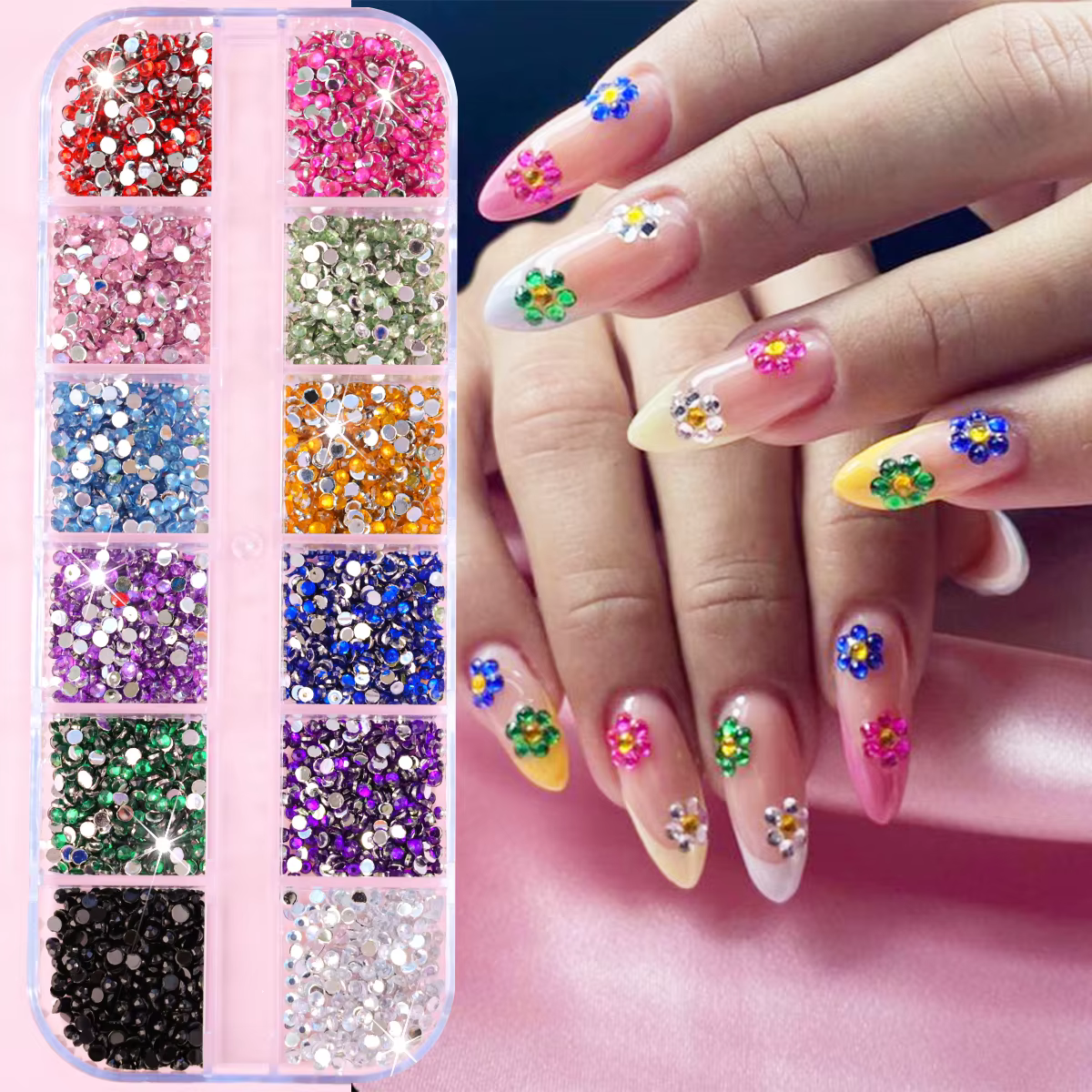 12 couleurs/ensemble 2mm strass ongles Art accessoires 3D acrylique Non correcteurs bricolage décora