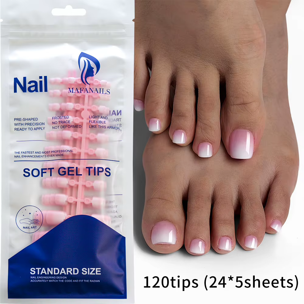 1 sachet de faux ongles de pieds carrés blancs et roses style français, effet dégradé blanc laiteux,