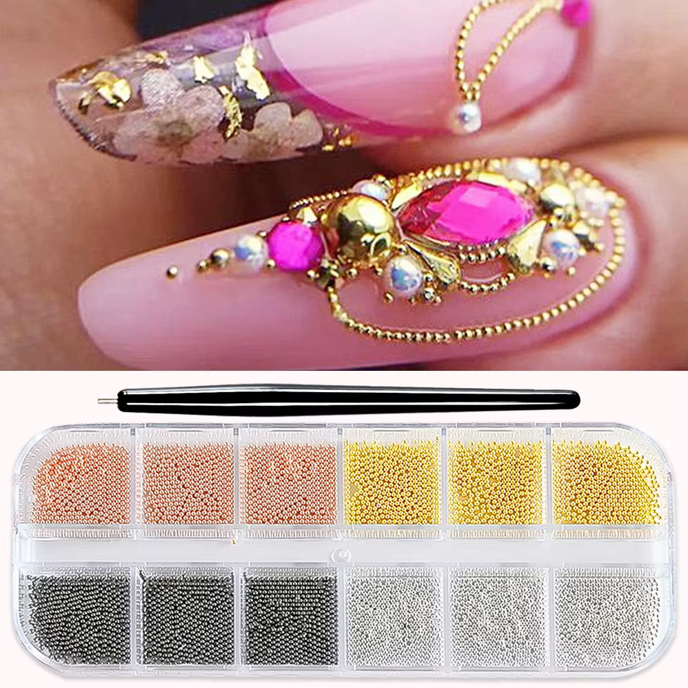 Mini perles de Caviar or/argent à 12 grilles, décorations Nail Art, Micro boules en métal, breloque