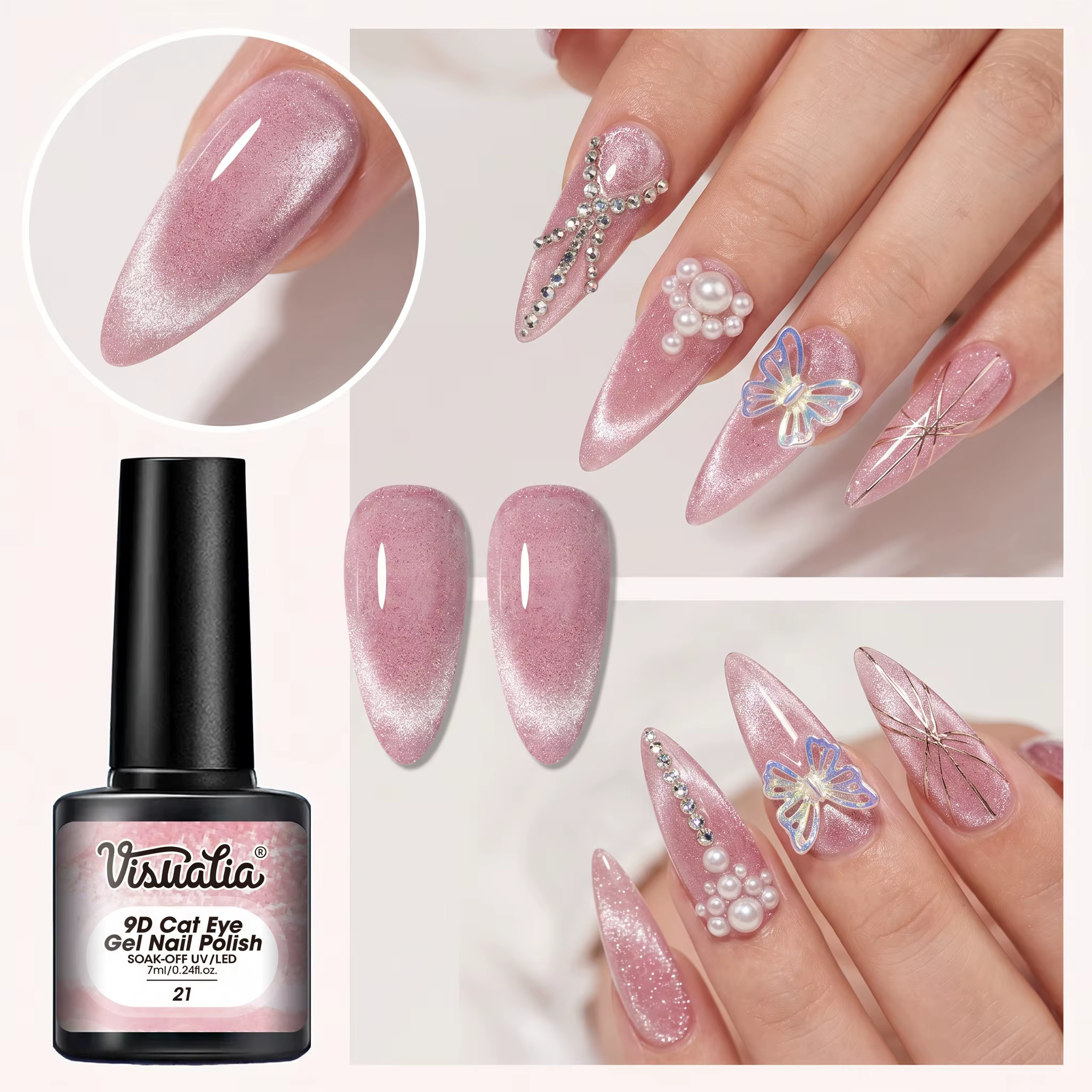 Vernis à ongles effet œil-de-chat rose, avec une base couleur pêche douce et sucrée, qui sublime san
