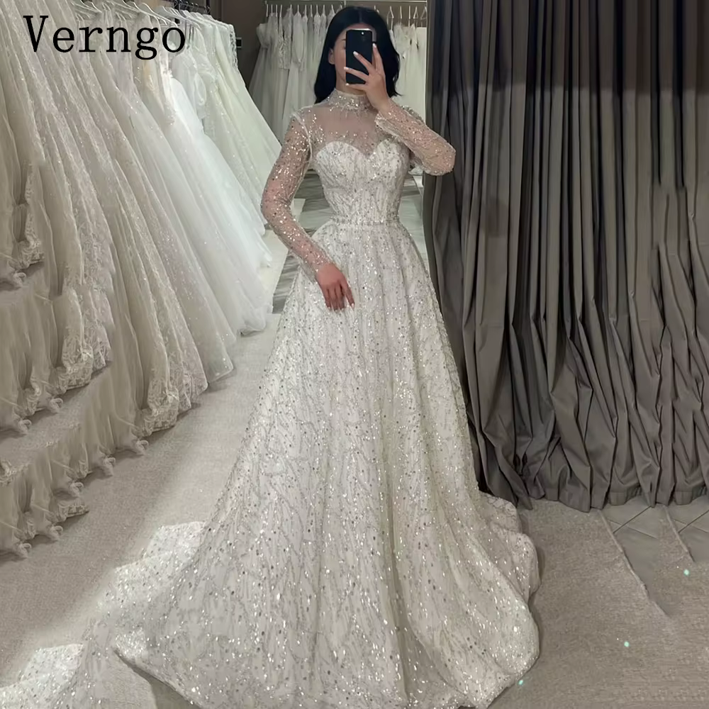 Verngo-Robe de Mariée à Paillettes pour Femme, Col Haut, Manches sulf, Élégante, Patiente, Quelle qu