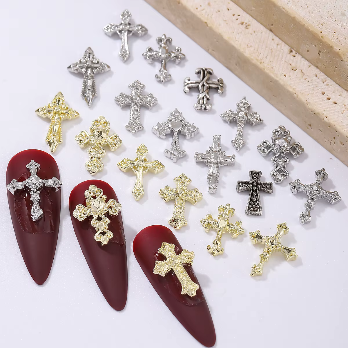 60 pièces or et argent punk vent vintage croix garniture d'ongle, alliage strass, y2k métal style br