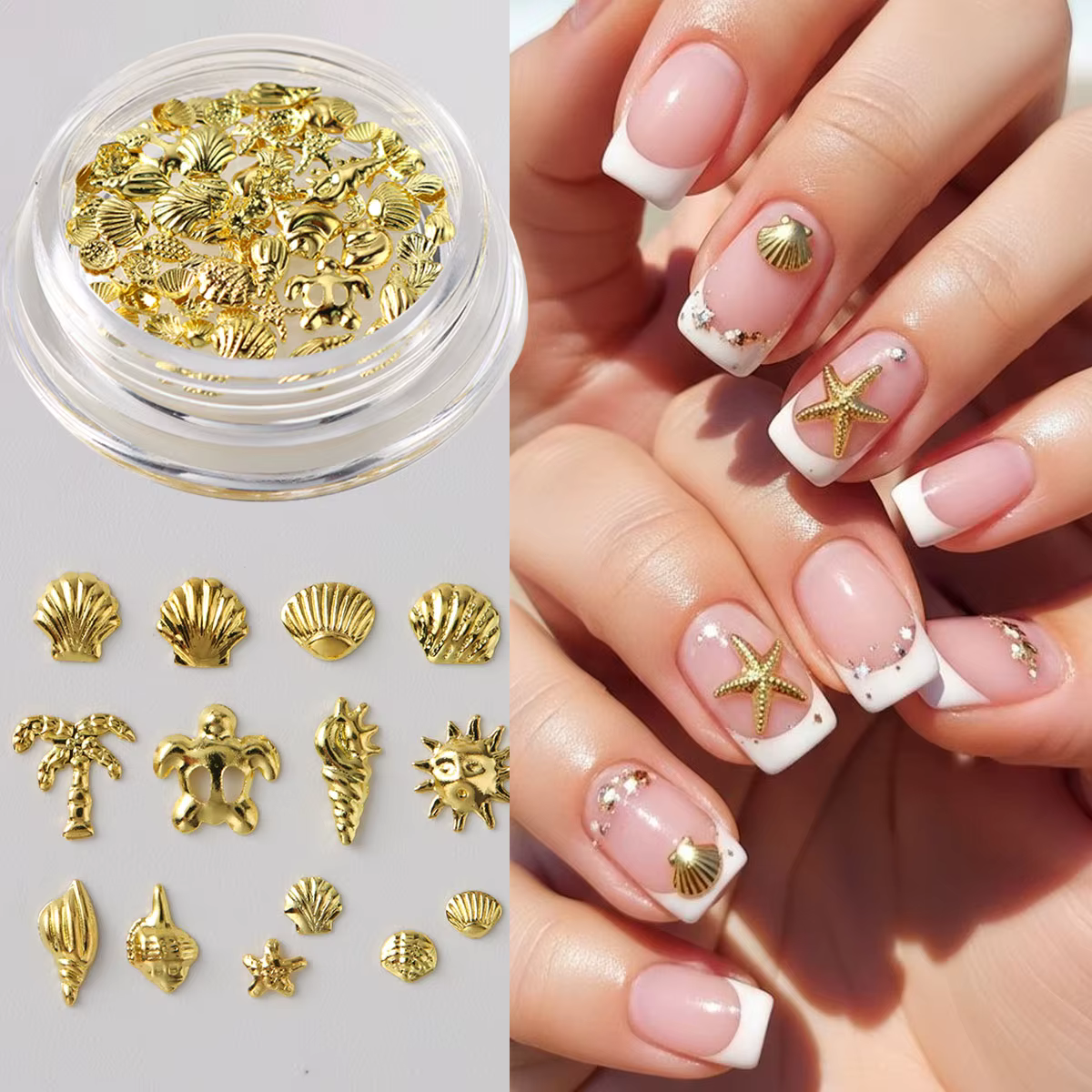 1 Boîte de Décorations Métalliques pour Ongles Thème Océan Doré – Coquillages, Palmiers, Conques, Ét