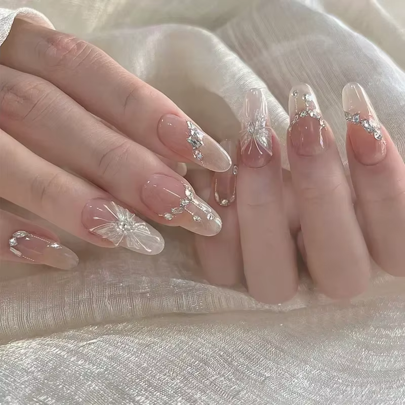 24 pièces amande Pure fait à la main presse sur les ongles couverture complète papillon français per
