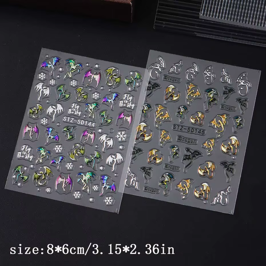 1/2 pièces 5D en relief métallique coloré Dragon ongles autocollants flocons de neige auto-adhésif b