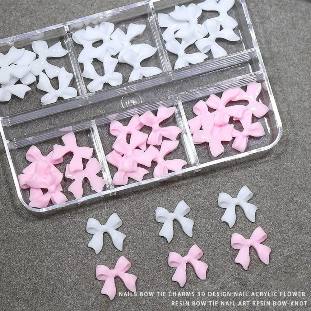 30 pièces/boîte 3D blanc et rose arcs Nail Art breloques 6gird mignon nœuds papillon ruban ongles st