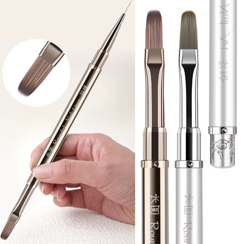 Brosse à ongles à Double tête avec manche en métal, brosse de revêtement, stylo de peinture, brosse 