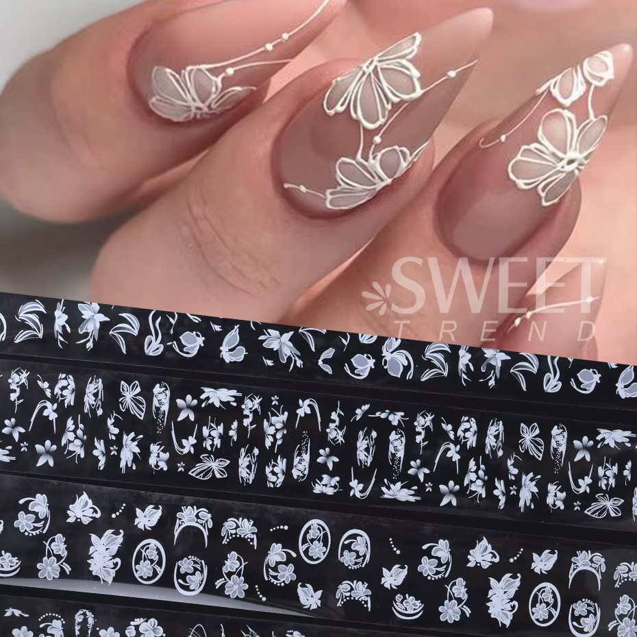 Feuilles autocollantes de transfert d'ongles, 10 rouleaux de pétales de fleurs blanches élégantes, p