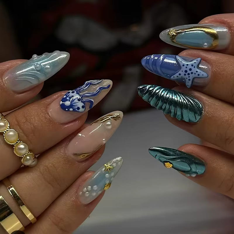 24 pièces amande faux ongles conseils été plage ongles colorés ensembles avec perle fleur conception