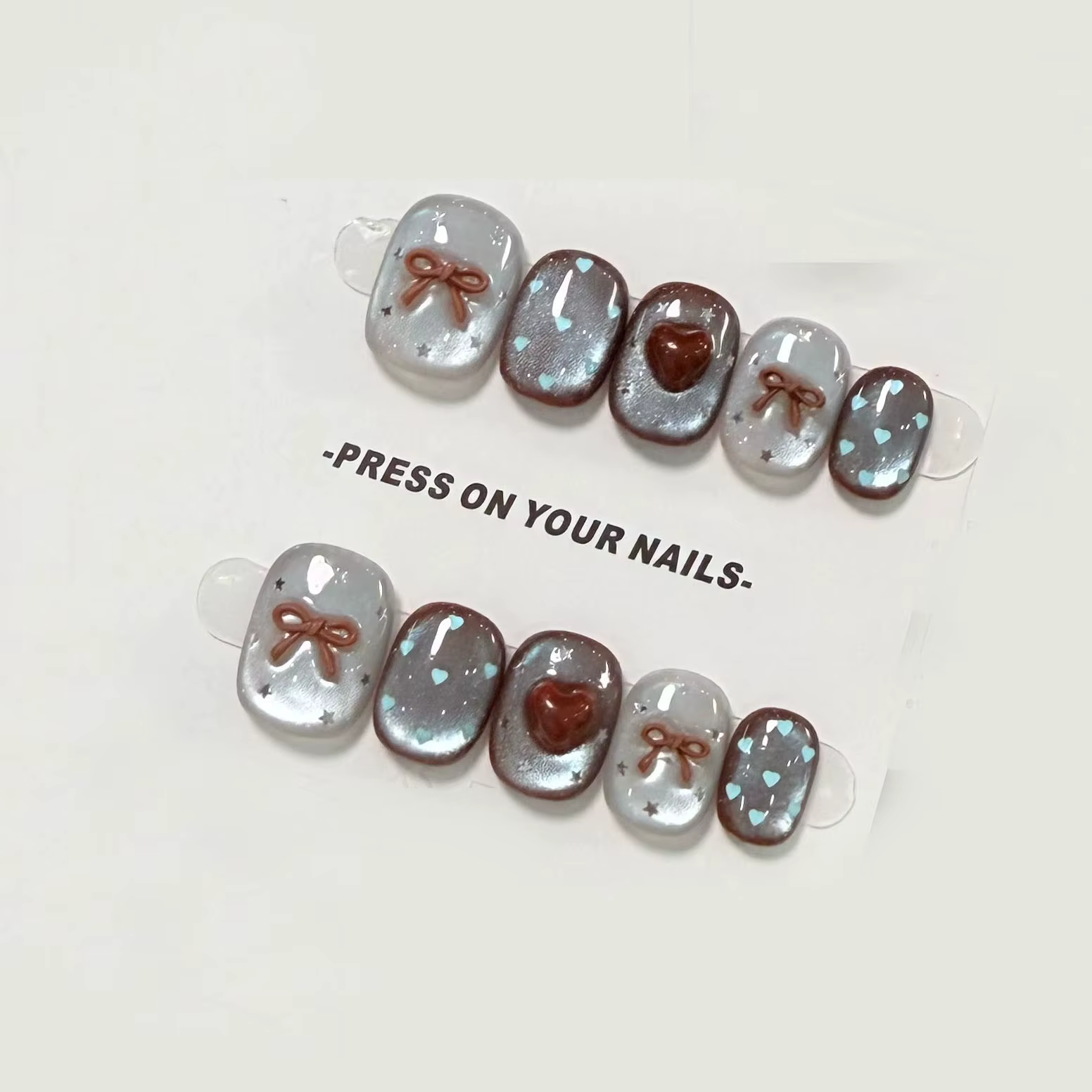 Faux ongles à pression faits à la main, avec nœud œil de chat bleu et marron, couverture complète po