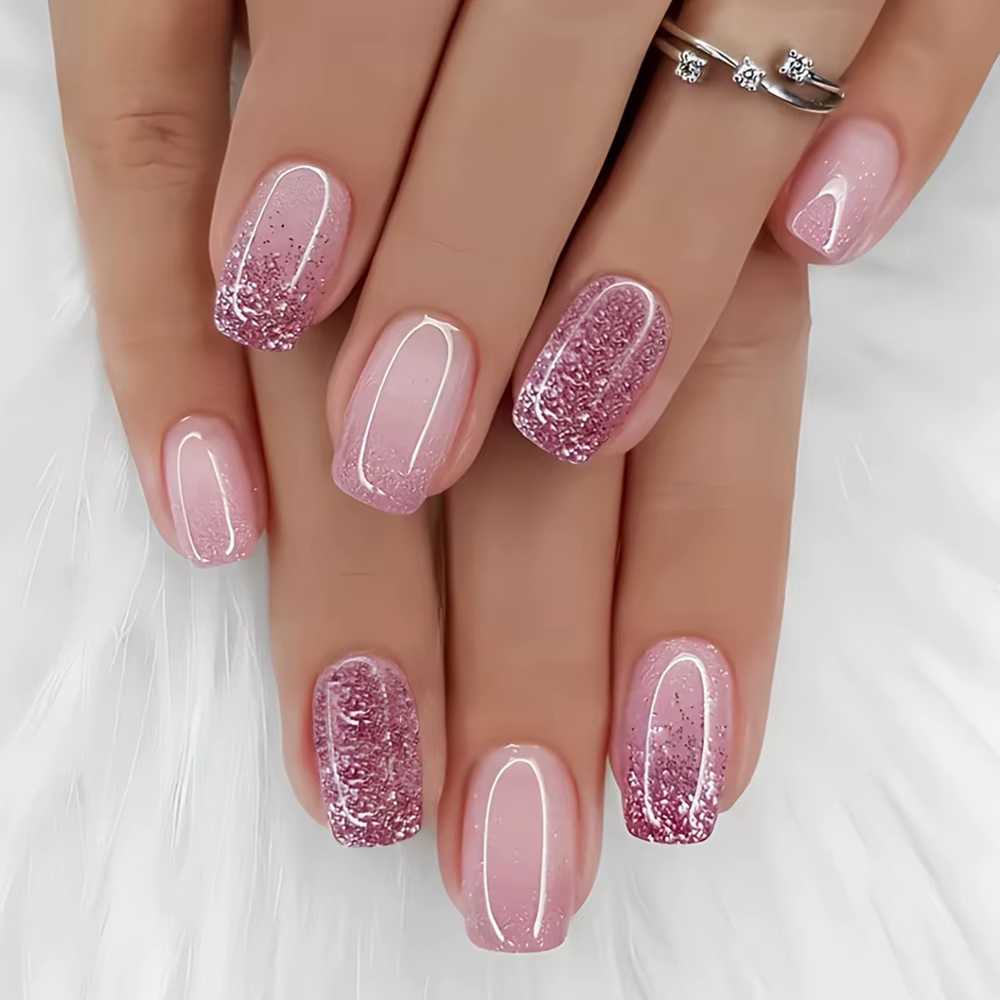 Faux ongles courts N64.avec poudre scintillante pour filles, nail art, couverture complète, français