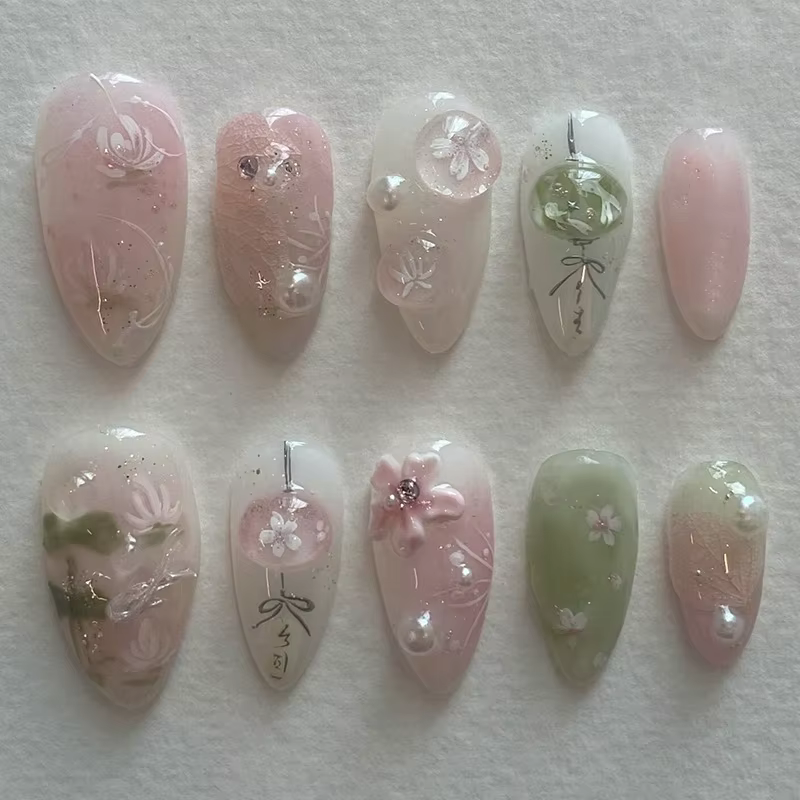 24 pièces douce amande faux ongles conseils peint à la main fleur perle motif Blush rose presse sur 