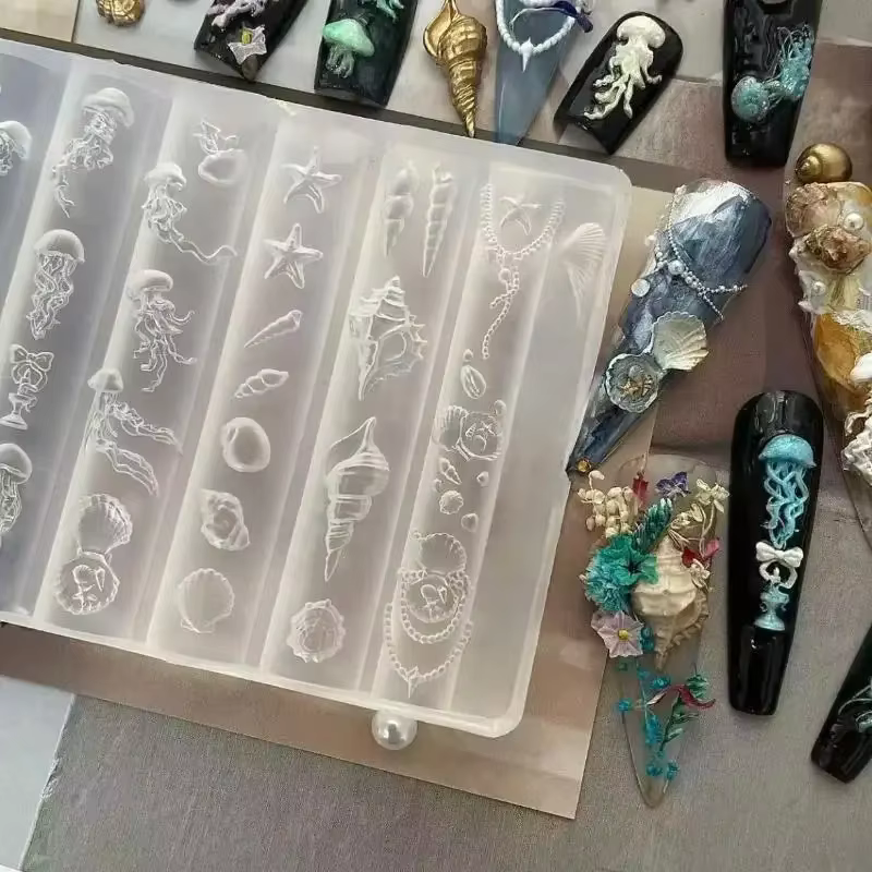 Moule à ongles 3D en Silicone série océan, méduse, étoile de mer, coquille, modèles de sculpture, ou