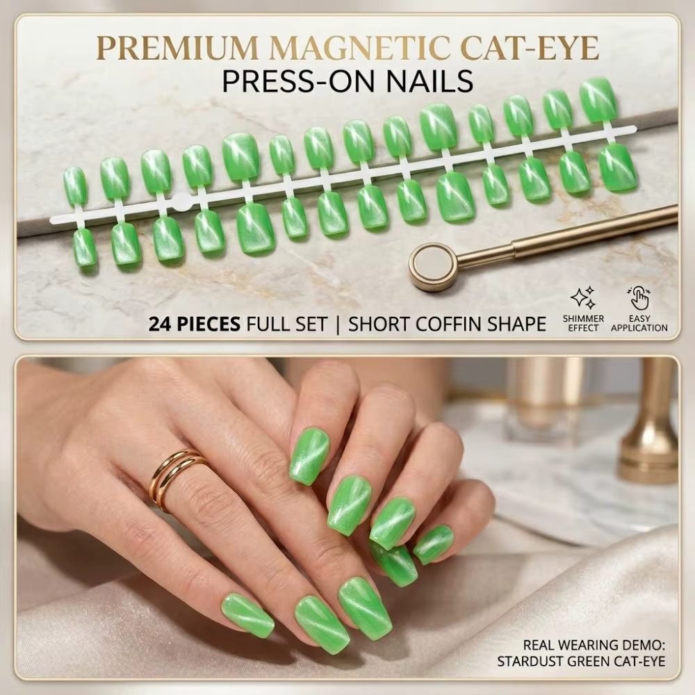24 faux ongles premium vert émeraude effet œil de chat, carrés moyens, en acrylique, à presser, bril